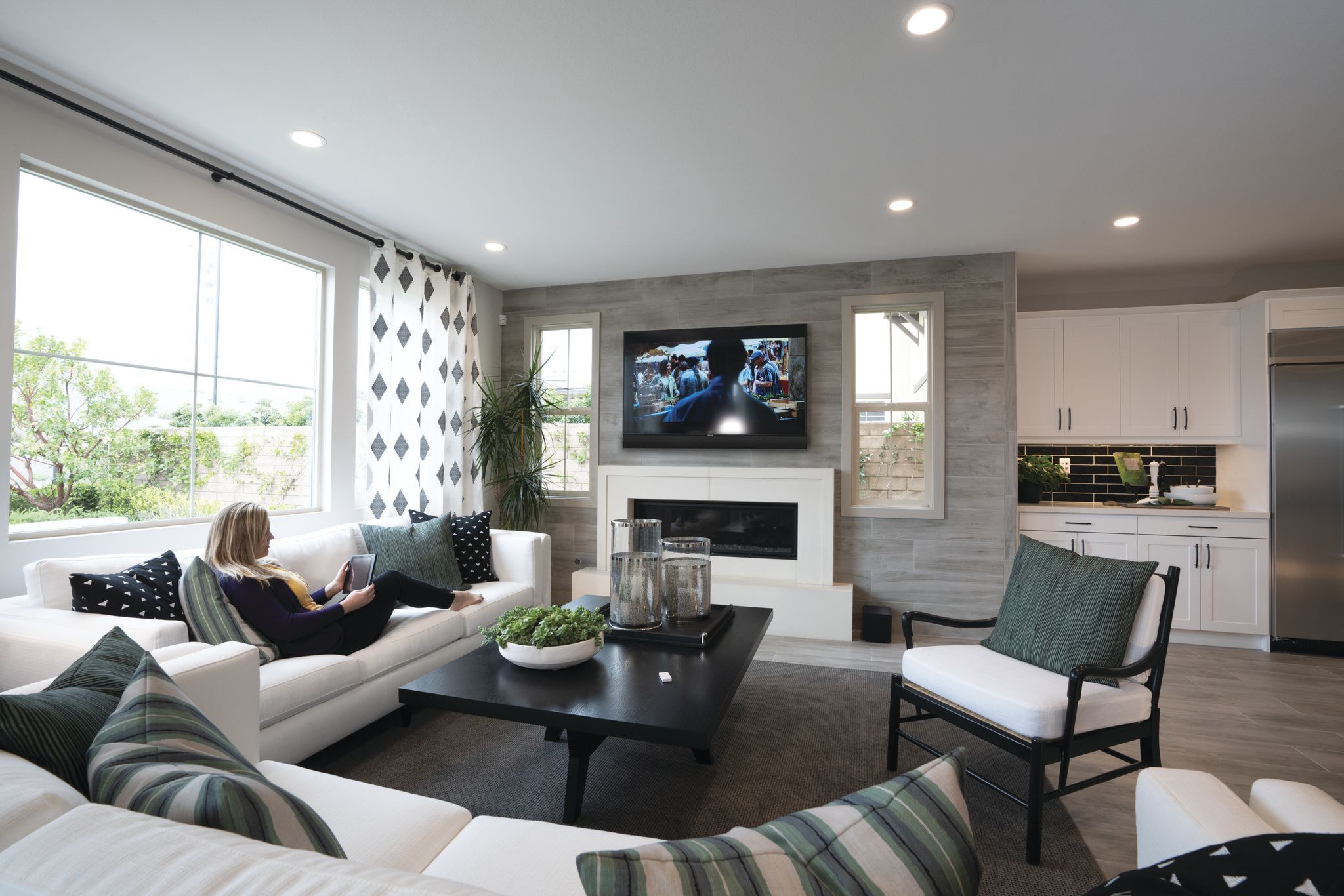 Living room space with smart home automation and surround sound system